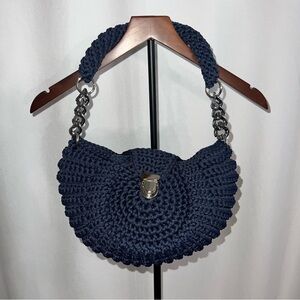 Navy Blue Crochet Oreo Shoulder Bag with Chain Detail